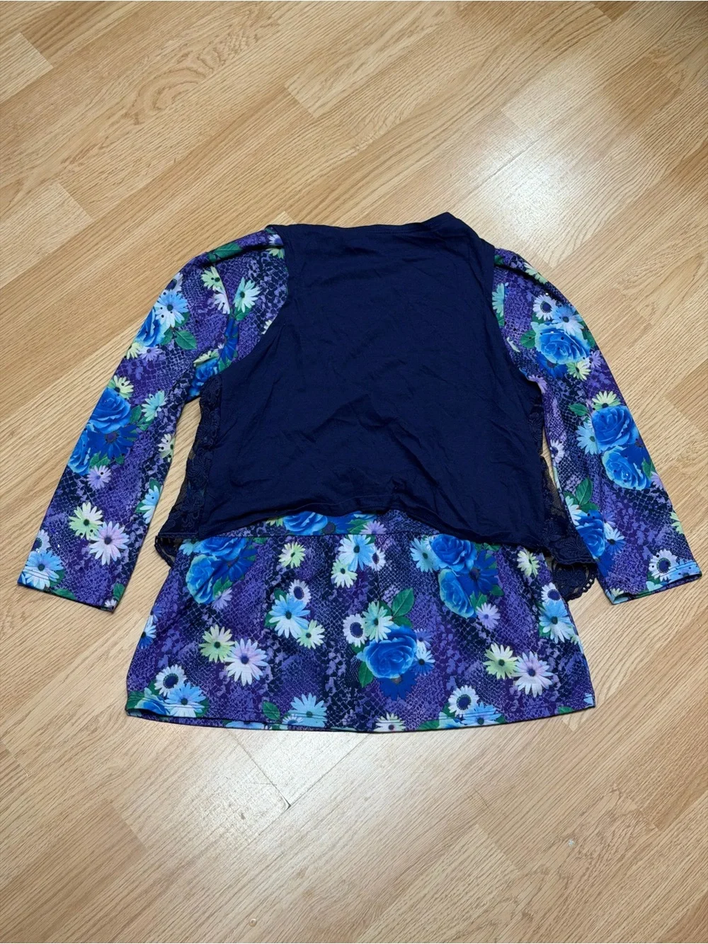 Justice Girls Size 16 Purple Blue Floral Lace Vest Layered Tunic Top 3/4 Sleeve